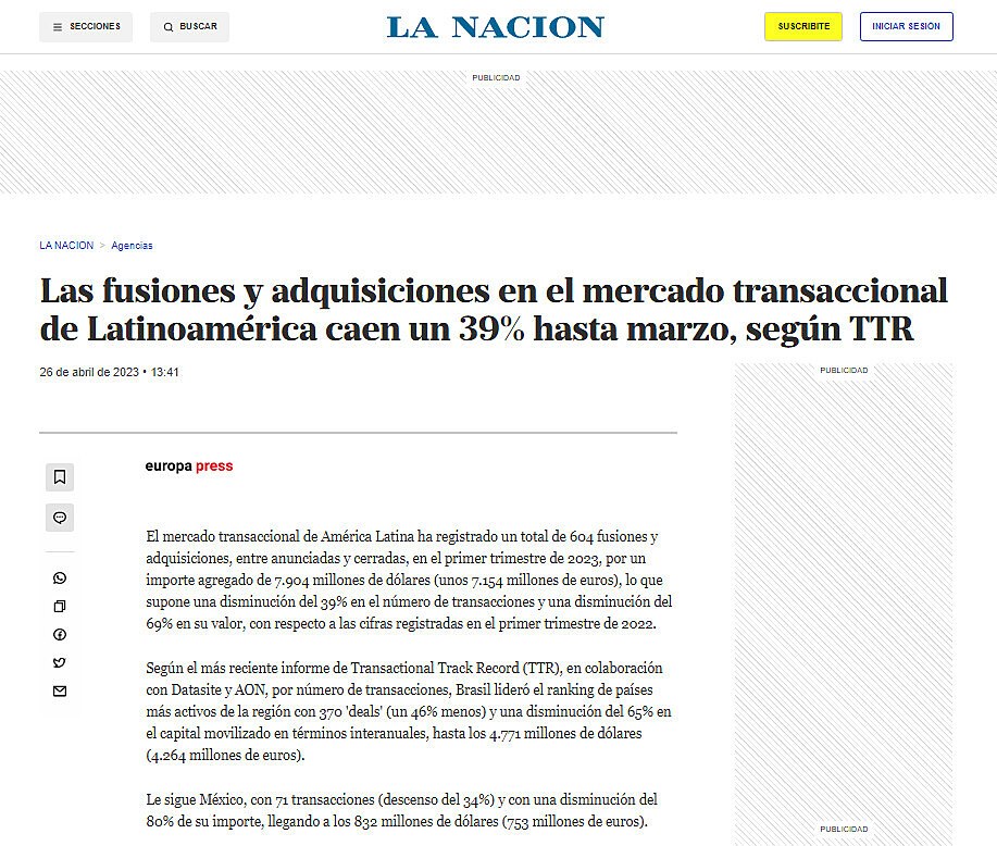 Las fusiones y adquisiciones en el mercado transaccional de Latinoamrica caen un 39% hasta marzo, segn TTR